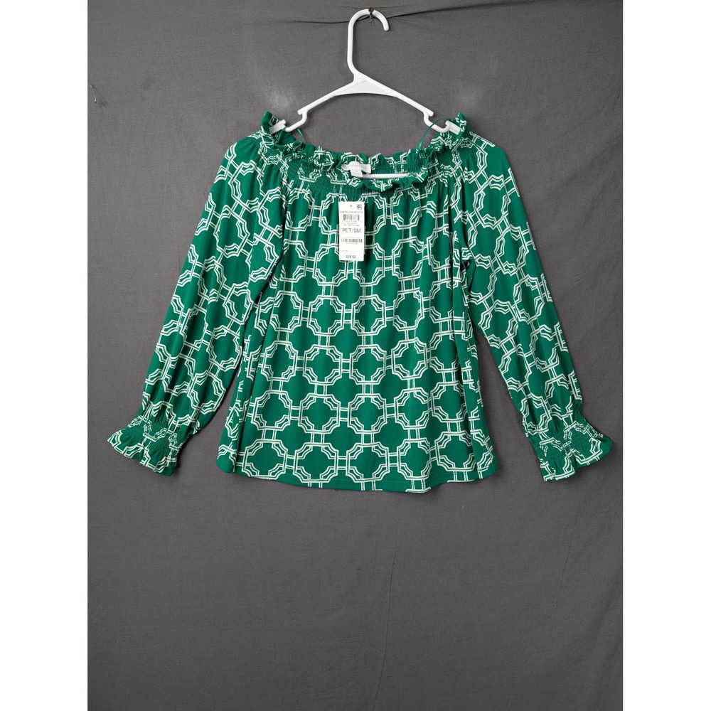 Charter Club Green Geometric Off The Shoulder Blouse NWT PET/SM 6168